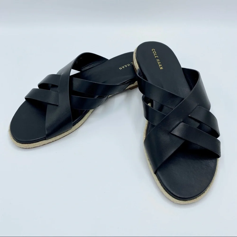 Cole Haan Black Leather Florens Espadrille Slide Sandal Size 7